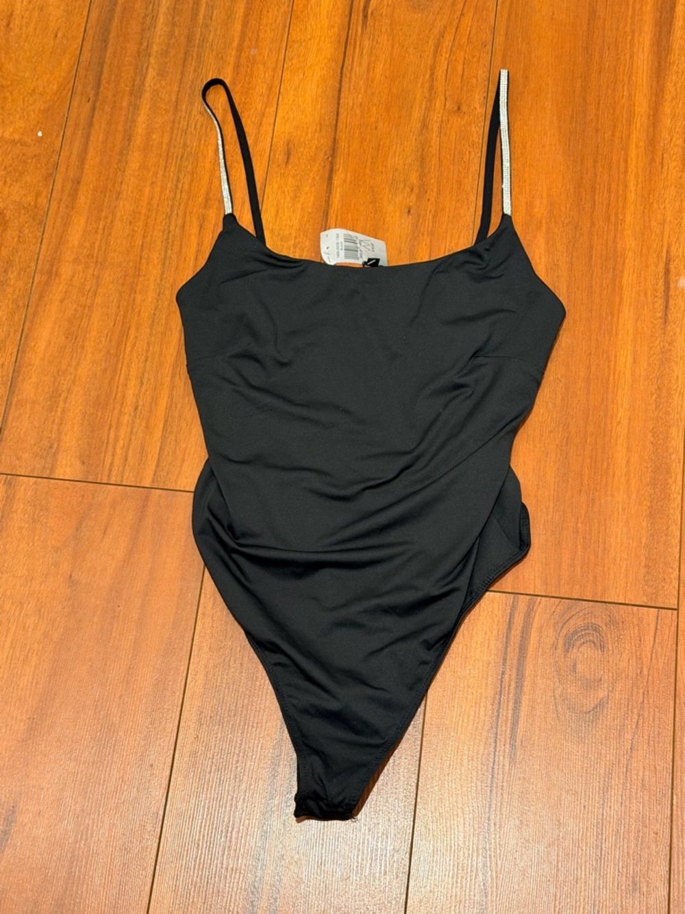Sexy Classic Black Scoop Neck Bodysuit with Sparkle Straps